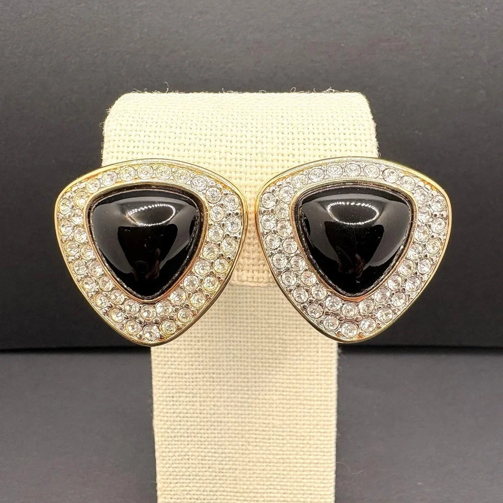Vintage Swarovski SAL Crystal Pendant Clip‎ Earrings Set Gold Tone Glossy Black